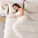 DOWNCOOL 3 Pieces Velvet Quilt Set King Size, Cream White | All Season Soft Lightweight Quilted Velvet Bedspread Coverlet Bedding with 2 Pillow Shams
