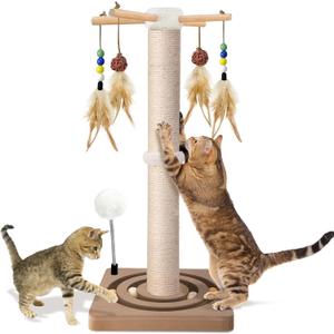 Cat Scratching Post, Sisal, Interactive Furniture Toys for Indoor Cats Adults, 2 Mounting Methods Scratcher Tree Tower with Hanging and Ball Track, Activity Center for Kitten, 25 inches