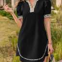 Wenrine Womens Puff Short Sleeve Mini Dress Casual V Neck Color Block Leopard Loose Beach Summer Dresses with Pockets (Black, M)