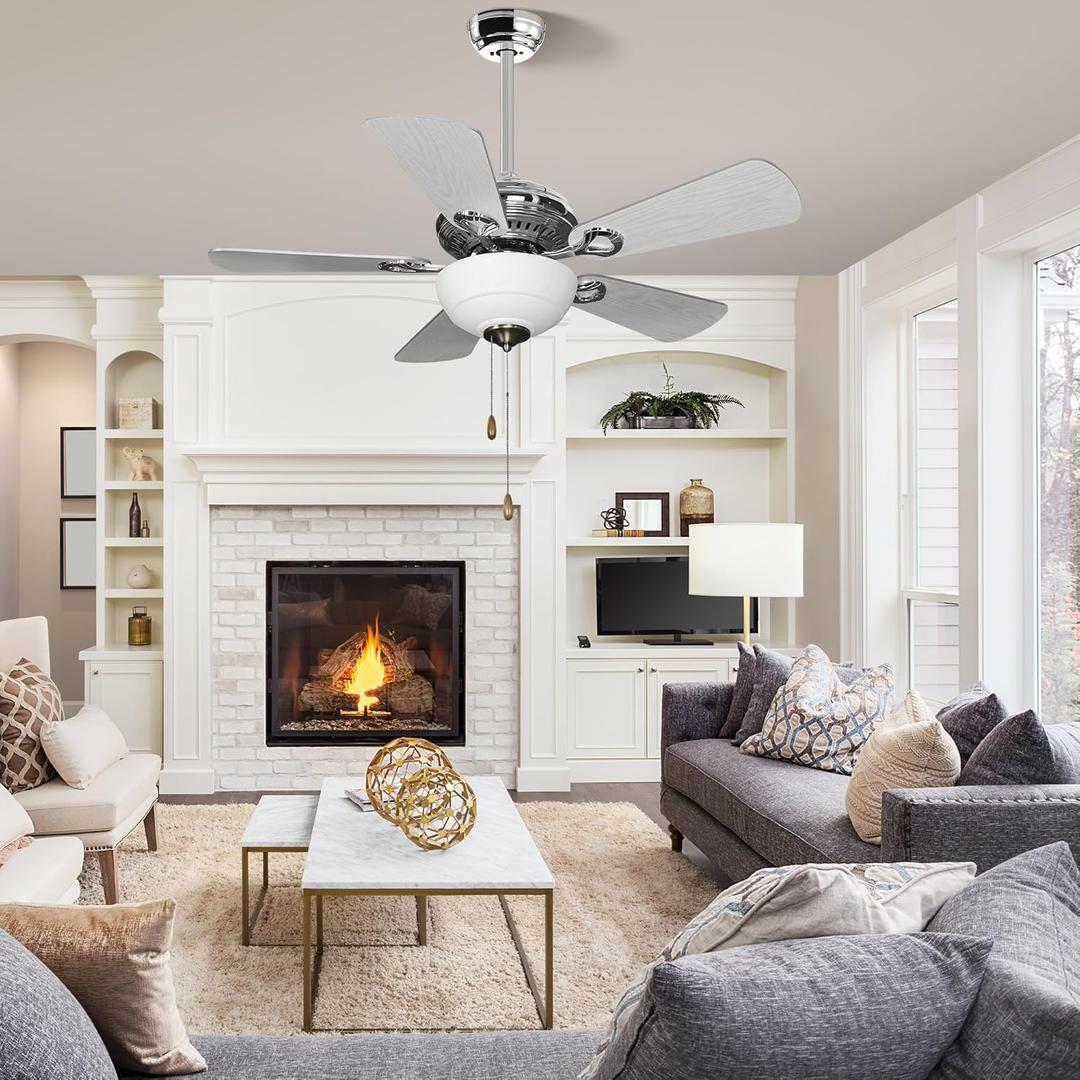 42 inch Ceiling Fan with Light, Low Profile Ceiling Fan with Light, Fan Pull Chain with 5 Dual Sided Blades, 3 Speed DC Reversible Motor, Fan for Bedroom, Kitchen, Living Room for E26 Base (Bright Chrome Plating Wood)