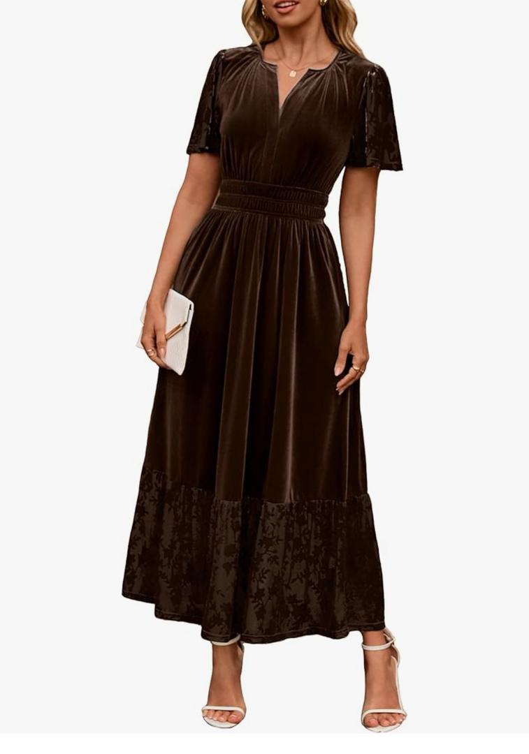Simplee Women's Formal Velvet Maxi Dress Fall Winter V Neck Floral Short Sleeve Empire Waist Wedding Guest Dresses, XL