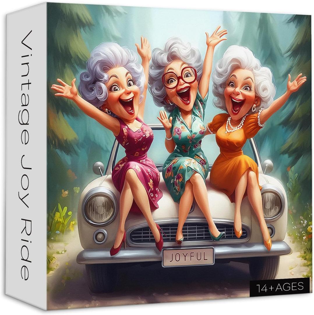 Fun Grandma Puzzles for Adults 1000 Pieces, Larkipuzz Retro Old Woman Puzzle Tree, Impossible Vintage Car Theme as Wall Art