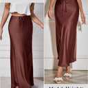 FEOYA Women’s Satin Silky Maxi Skirt High Waist A Line Elegant Flowy Mermaid Hem Drawstring Wedding Party Club Spring Skirt Chocolate Brown (L)