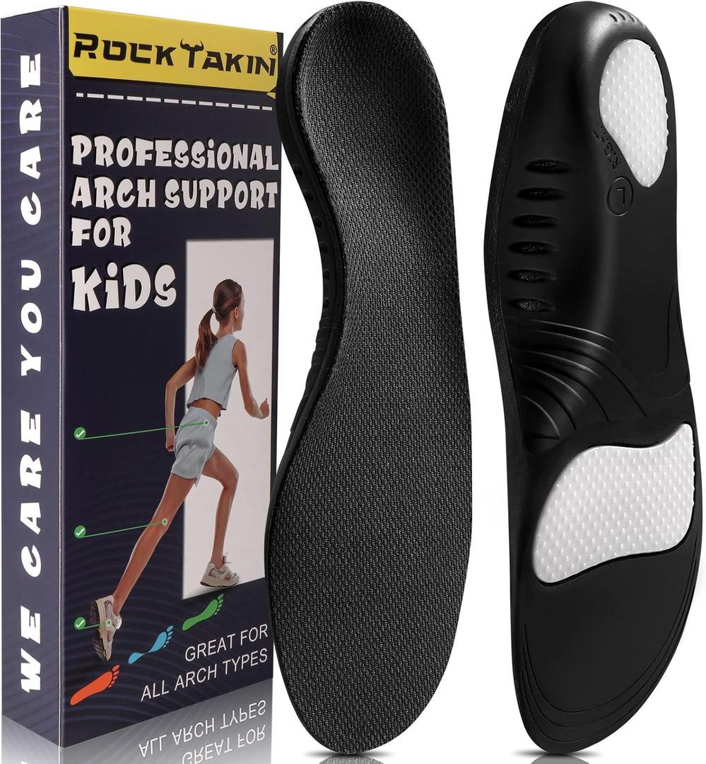 ROCKTAKIN Kids Arch Support Shoe Insoles, Plantar Fasciitis Orthotic Inserts Strong Support for Children's High Arch, Flat Feet Pain Relief, Foot Pronation (2.5-4.5 Little Kid (22.5 CM), Black)