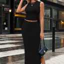 HUUSA Womens Two Piece Outfits Summer Bodycon Sleeveless Crewneck Crop Tank Tops Ribbed Split Long Skirt Dress Set (Black, S)