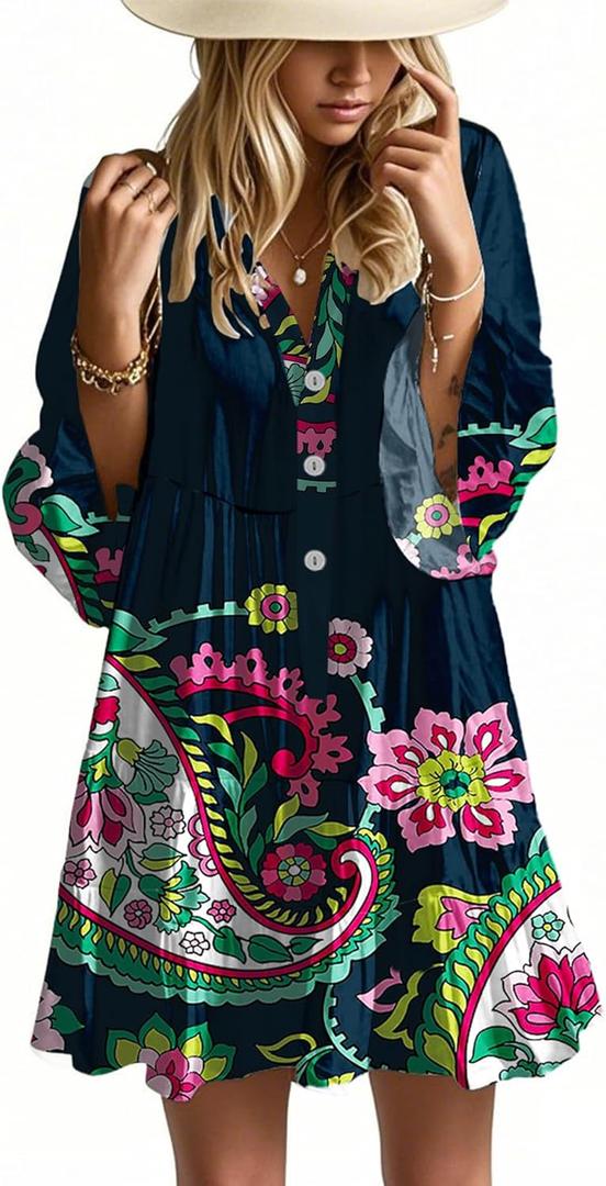 Opemiby Summer Dresses for Women 2026 Flowy Ruffle 3/4 Sleeve V Neck Tiered Casual Babydoll Boho Beach Mini Dress (Large, Deep Blue Flowers)