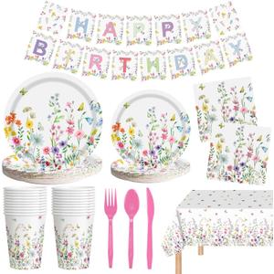 170 Pcs Spring Flower Birthday Party Decorations Sets, Includes Happy Birthday Banner, Floral Plates, Napkins, Cups, Plastic Silverware, Tablecloth for Wildflower Bday Party Supplies Decor, Serve 24