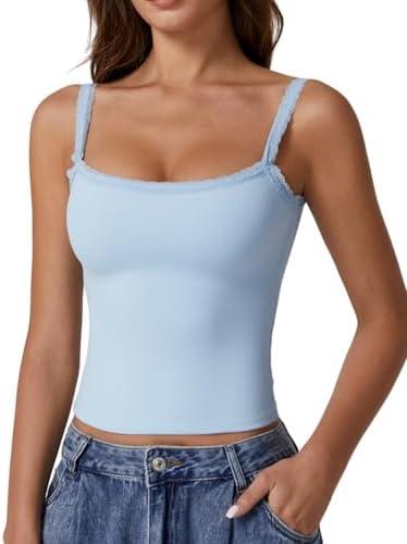 QINSEN Womens Square Neck Lace Trim Tank Top Double Lined Slim Fitted Y2k Going Out Camisole Shirts size L