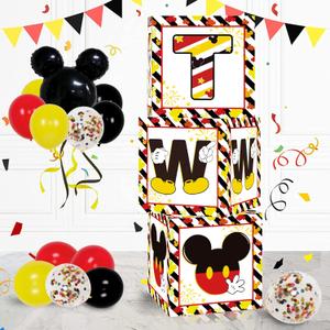 2nd Birthday Party Favors Balloon Boxes Supplies for Baby, Boys 3Pcs Black Yellow Mouse Theme Two Year Old Balloon Boxes, 'TWO' Letters Balloon Arch Kit for Party Decorations