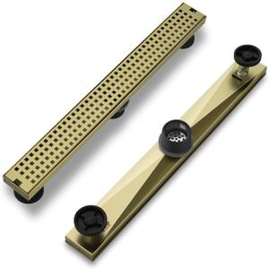 24 Inch Linear Shower Drain - Brushed Gold 304 Stainless Steel Rectangular Floor Drain with Adjustable Leveling Feet, Hair Strainer and Removable Grate