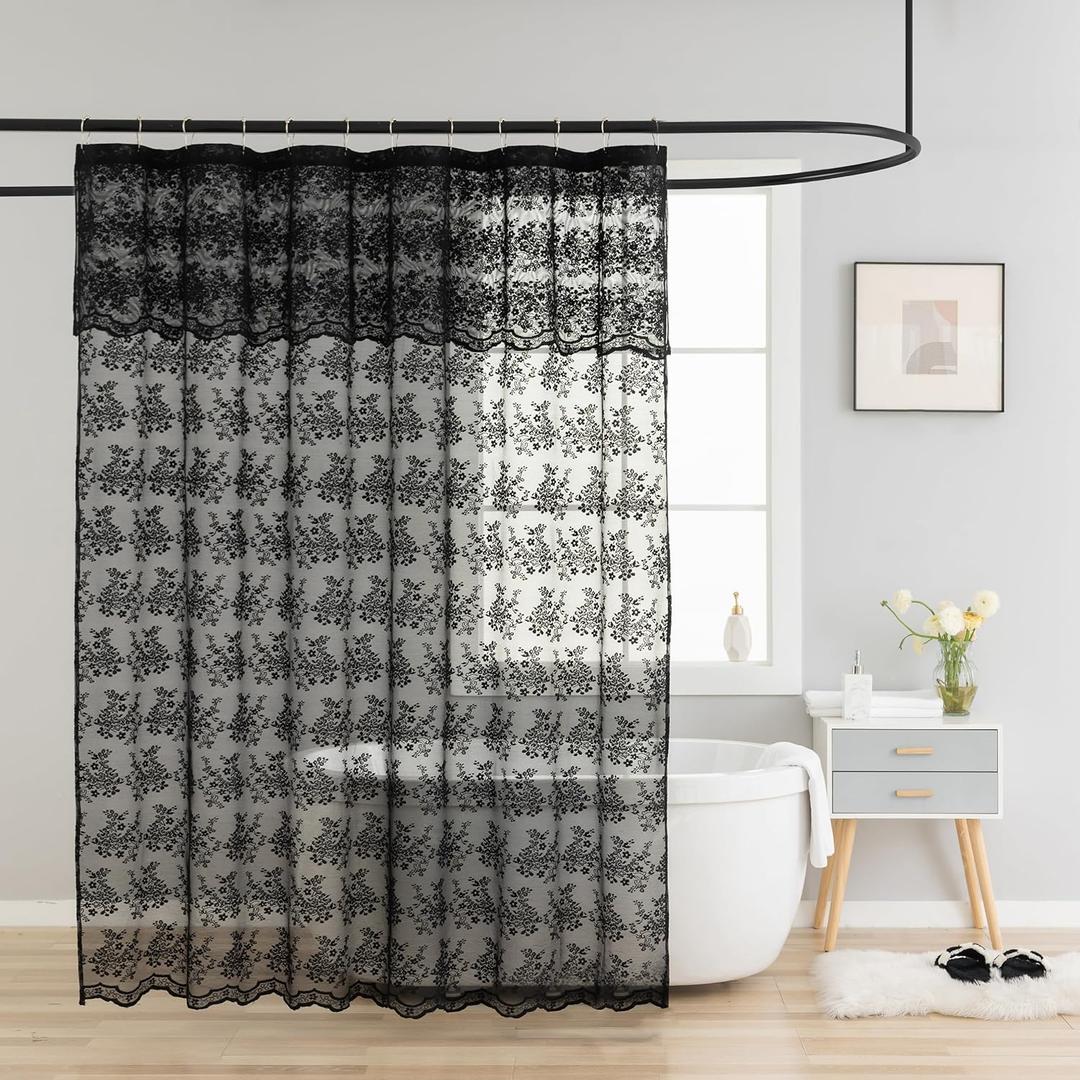 TUDECO Black Boho Shower Curtain 84 Inches Long - Whimsigoth Sheer Floral Lace Dark Shower Curtain with Attach Valance, Embroidered Scalloped Edges Reinforced Holes Top Bathroom Decor, 72 x 84 Inch