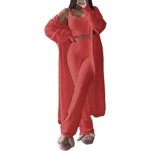 Fixmatti Women's Fuzzy 3 Piece Sweatsuit Open Front Cardigan Crop Tank Tops Wide Legs Pants Lounge Sets (1-red) S