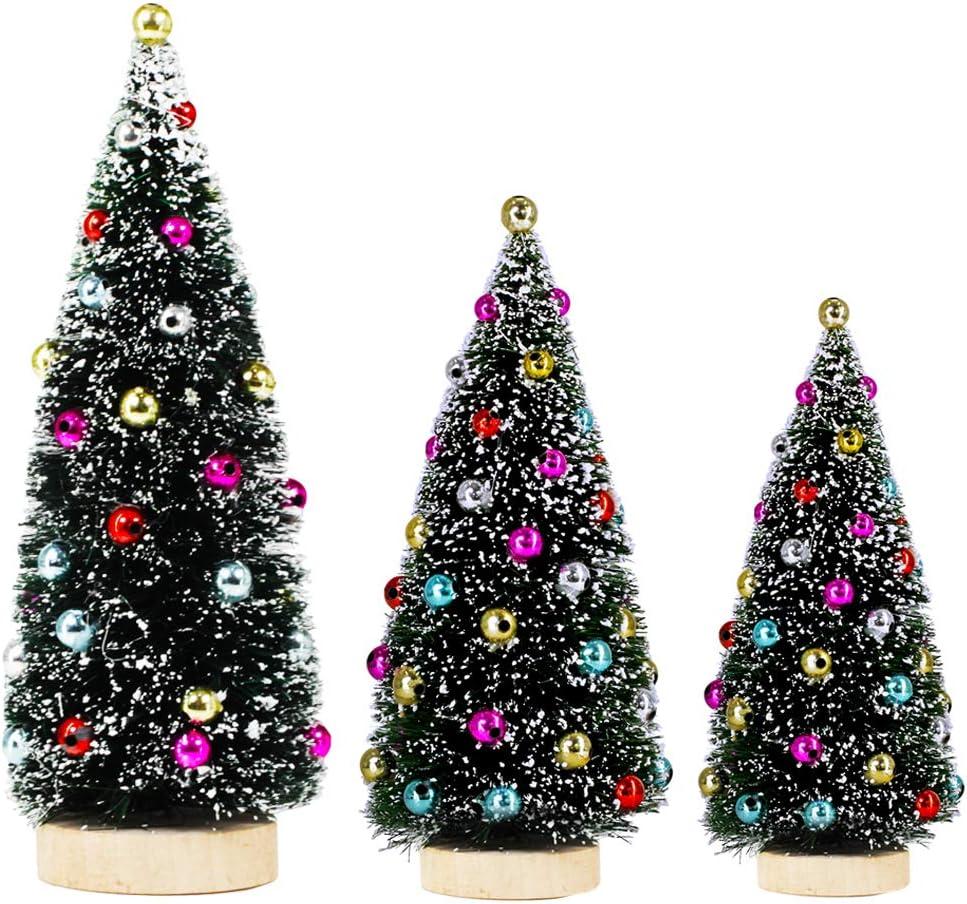 Winlyn 3 Pack Artificial Mini Tabletop Christmas Trees Tiny Frosted Bottle Brush Trees Decorated Small Sisal Trees with White Snow and Colorful Beads Winter Holiday Miniature Dcor Assorted Sizes