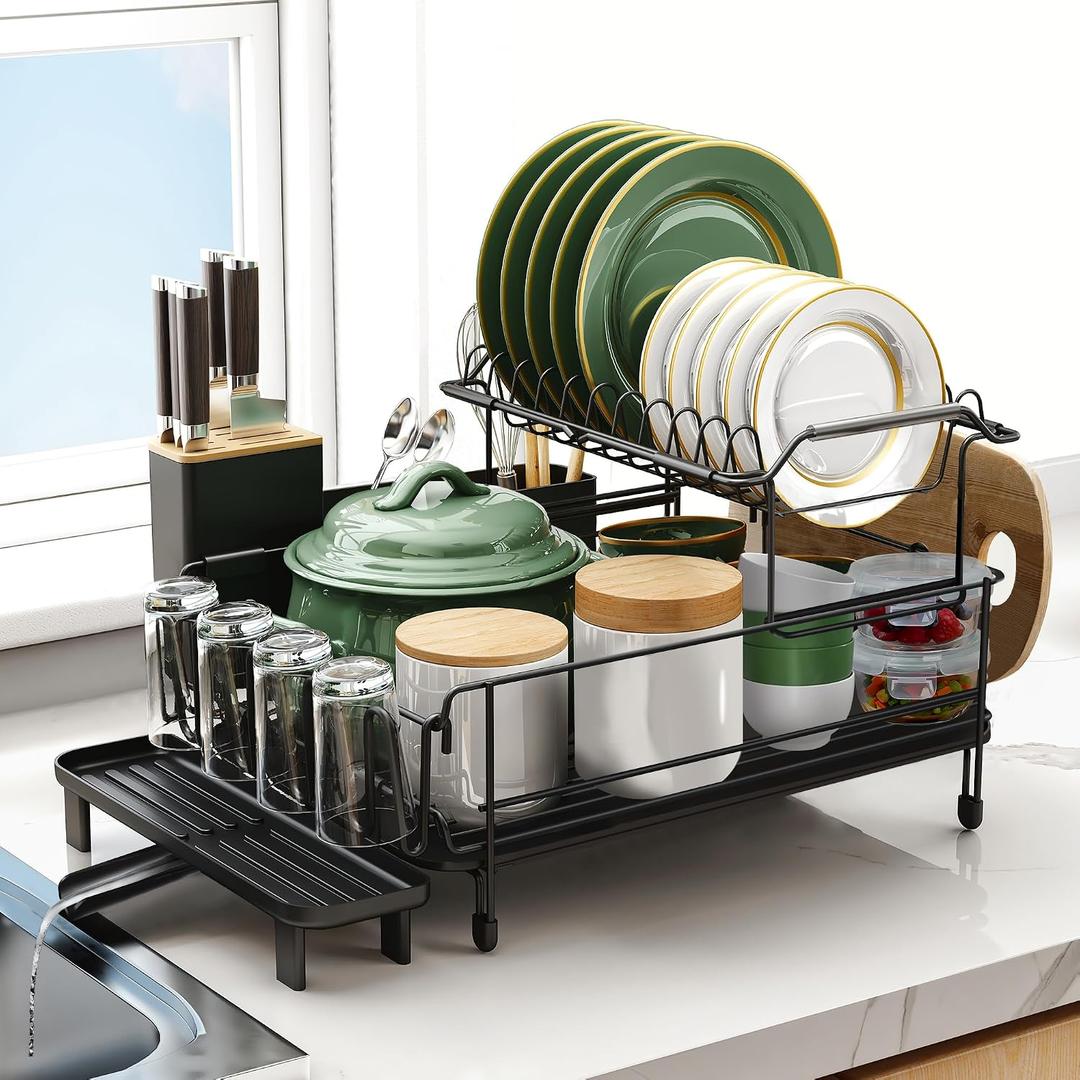 Runnatal Large Dish Drying Rack with Drainboard Set, Stainless Steel Detachable 2-in-1 Large-Capacity 2-Tier Over The Sink Anti-Rust Dish Rack and Dish Drainer for Kitchen Counter