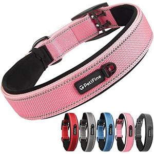 PetiFine Dog Collar for Large Dogs, Neoprene Padded and Adjustable, Reflective Wide Heavy Duty Pet Collars with Durable Metal Belt Buckle for Walking, Pink, XL