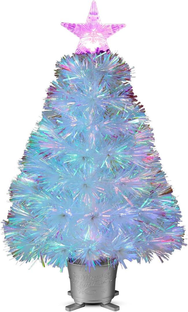 YUETJIN 24inch Color Pre-lit Mini Fiber Optic Tabletop Artificial Christmas Tree Small Xmas Tree with Stars Decorations