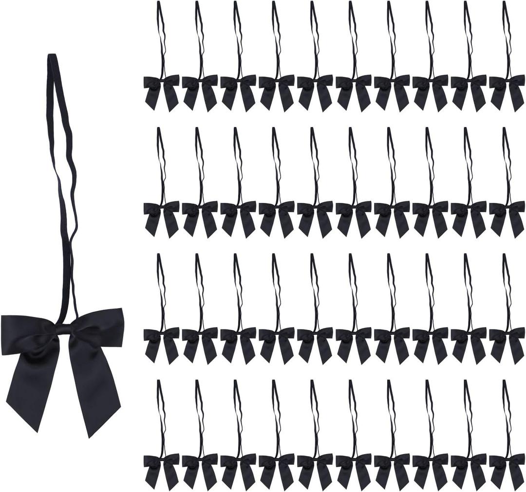 Meseey 50 Pcs 5 Inch Stretch Elastic Loops with Pre-Tied Black Ribbon Bows for Gift Wrapping,Baby Showers, Weddings, Christmas Boxes (5", Black)