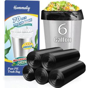 6 Gallon 70 pcs Black Trash Bags Strong Black Garbage Bags, Bathroom Trash Can Bin Liners, Plastic Bags for Office Home Kitchen, Fit 6 gallon,7 gallon Waste Basket Liner 6,7 Gal(6G70-Black)
