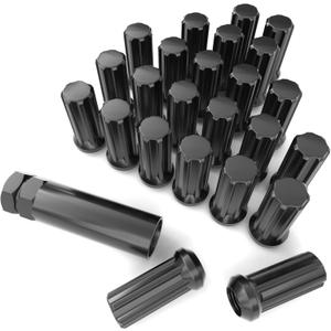 14mmx1.5 Wheel Lug Nuts, 24x Black M14x1.5 Lug Nut,Conical/Cone Bulge Seat, Closed End Long Extended XL Spline with 1 Socket Key Fits 6 Lug Aftermarket Wheels