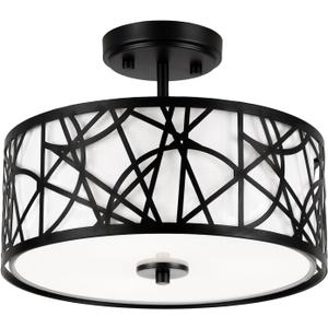 EdwarmLux 3-Light Semi Flush Mount Ceiling Light, 12.6" Drum Light with White Fabric Shade, Modern Close to Ceiling Lamp for Living Room Bedroom Dining Kitchen Hallway Entry Foyer (Matt Black)