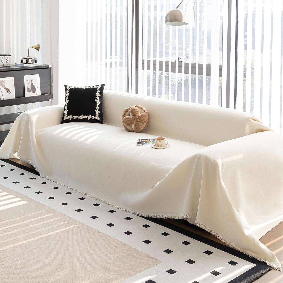 Durable Couch Cover Blanket, Sofa Blanket Cover Washable, Oversized Couch Cover Pet Friendly, Chenille Sofa Cover Blanket for 2-3 Cushions Sofas Solid Color(71"x 102"/Beige/1pc)
