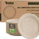 Vplus 500 Pack Paper Plates 9 inch 100% Compostable, Heavy-Duty Disposable Paper Plates Bagasse Natural Biodegradable Eco-Friendly SugarcaneNature