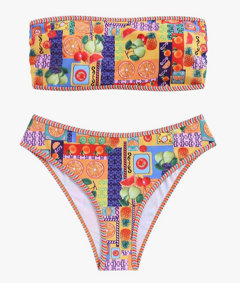 ZAFUL Women Strapless Ribbed High Cut Bandeau Bikini Lace Up 2 Pieces Swimwear, L