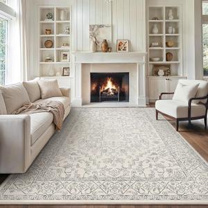 GENIMO 9x12 Area Rugs for Living Room, Non Slip Machine Washable Vintage Rugs, Low Pile Lightweight Chenille Print Large Rug for Bedroom, Dining Room, Home Office, Beige Line
