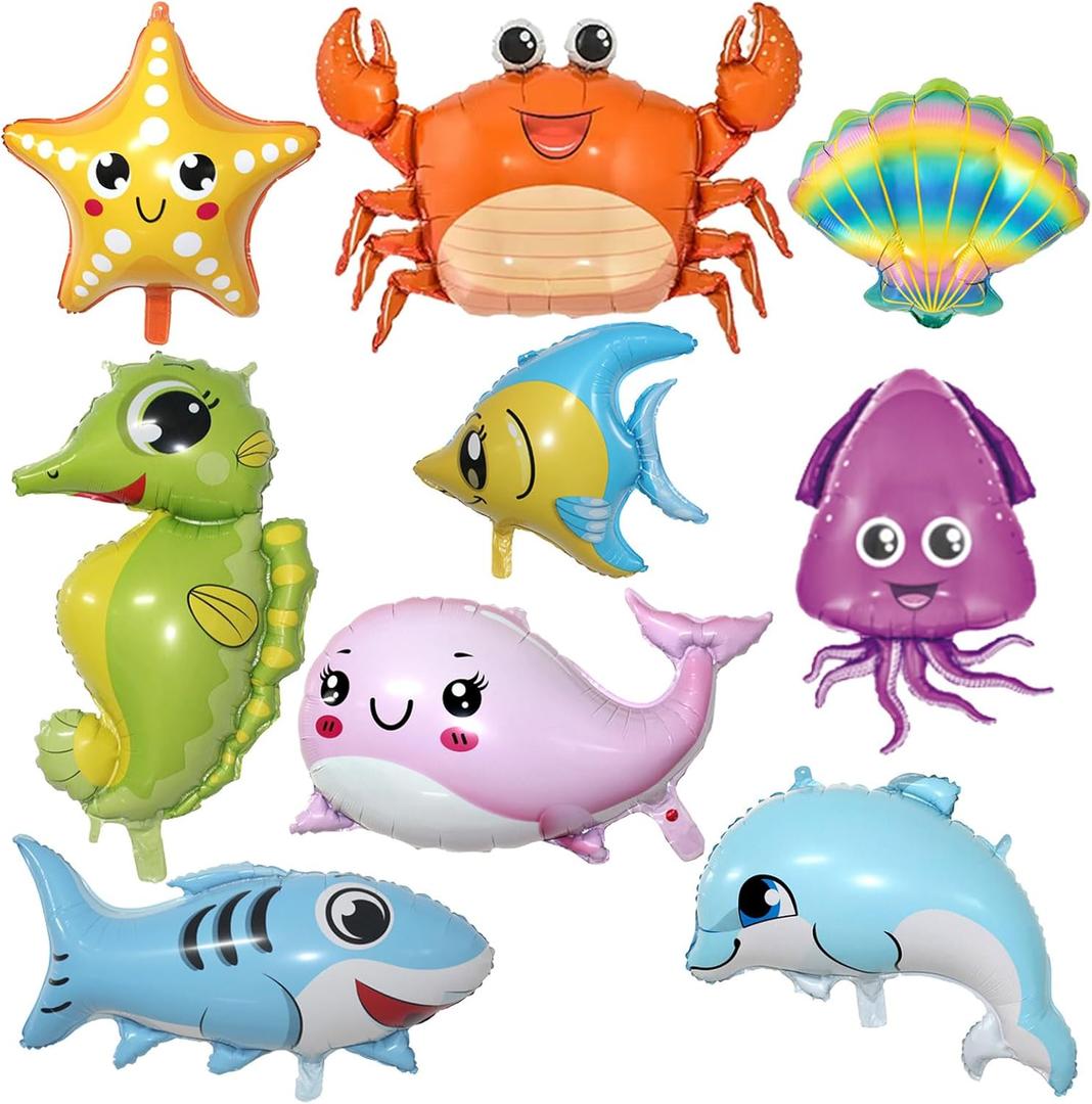 9 Pcs Sea Animal Balloons, Under The Sea Decorations, Creature Shark Dolphin Whale Fish Crayfish Octopus Ocean Foil Balloons, Under The for Ocean Theme Party Decorations