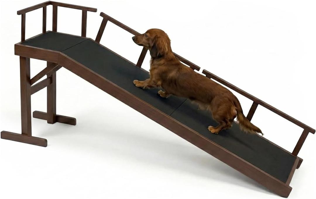 73" Dog Ramp for Bed with Rest Platform & Glow Strips, 20° Gentle Slope, EVA Non-Slip Surface, Removable Safety Rails, Birchwood Solid Wood, for Small, Large & Senior Dogs, Joint Protection, Brown