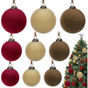 Aneco 18 Pcs Velvet Christmas Ornaments Bulk, 3 Sizes Flocked Christmas Tree Ball, Plastic Xmas Decorative Hanging Ornaments with 18 Ribbons for Xmas Holiday Wreath Tree Decor (Red, Beige, Brown)