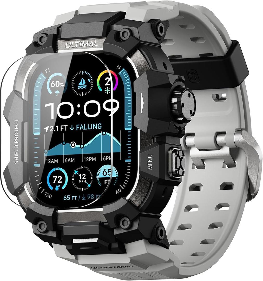 ULTIMAL Rugged Case with Band for Apple Watch 49mm,Compatible with Apple Watch Ultra 3/2/1, Military Grade Shockproof Bumper Cover for iWatch Tactical Band Men (49mm,Grey)