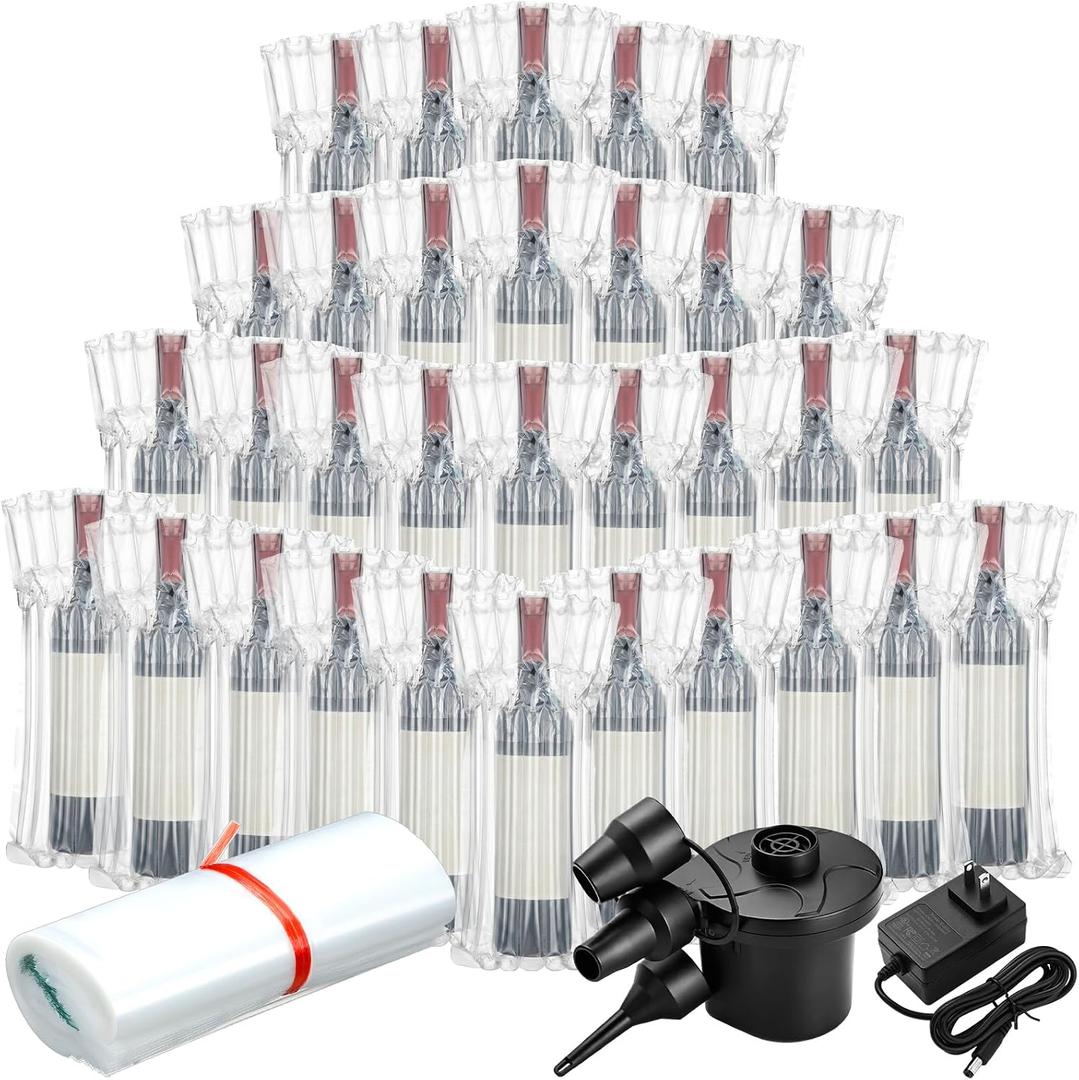 600 Pcs Wine Bottle Travel Protector Bags, Inflatable Air Column Packaging Bubble Bag with Reusable Inflator Pump, Reusable Wine Bottle Protector Air Cushion Bags for Travel Shipping