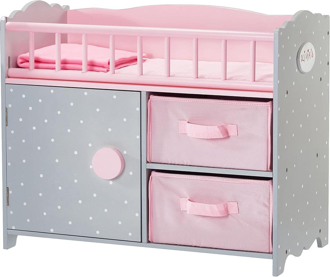 Olivia's Little World Wooden Baby Doll Crib with a Cabinet and Two Cubbies for Doll Accessory Storage Underneath, Pink and Gray and White Polka Dots