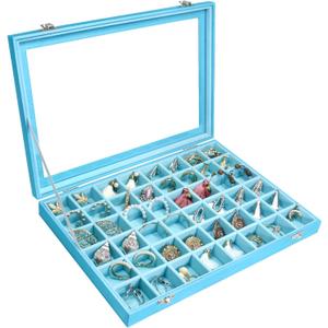 Siveit Jewelry Tray Organizer Box 48 Grid Jewelry Display Organizer Box with Transparent Lid Rings Earrings Necklaces Pendants Display Box Suitable for Women and Girls (48 Grid, Sky Blue)