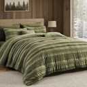 Wonderful Army Green Comforter Set King Size, Yarn Dyed Farmhouse Striped Cotton Lightweight Boho Comforter with Pillow Shams, Fluffy Bedding Set for All Season