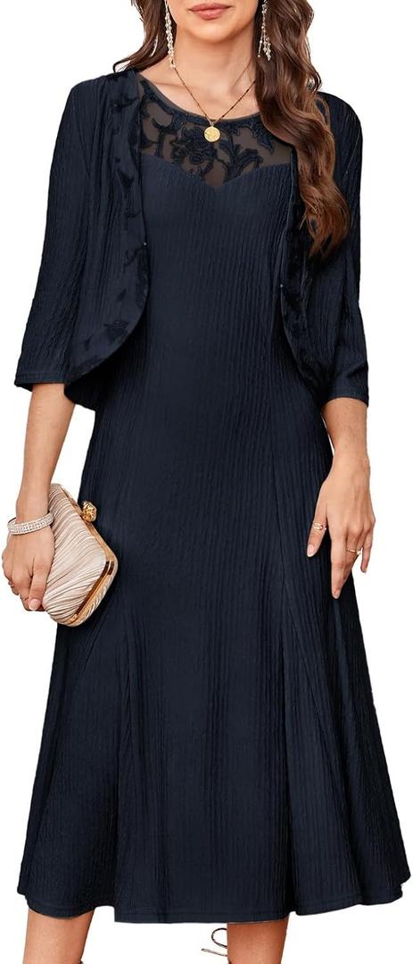 GRACE KARIN Mother of The Bride Dress - Wedding Guest Formal Evening Dress - Lace Sequins Midi Dress with Jacket (Medium, Navy Blue)
