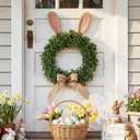 Suncalla 19 inch Easter Bunny Wreath for Front Door Artificial Bunny Wreath with Bow Faux Boxwood Bush Plants Rabbit Spring Door Wreaths for Home Indoor Outdoor Window Wall Party Decor