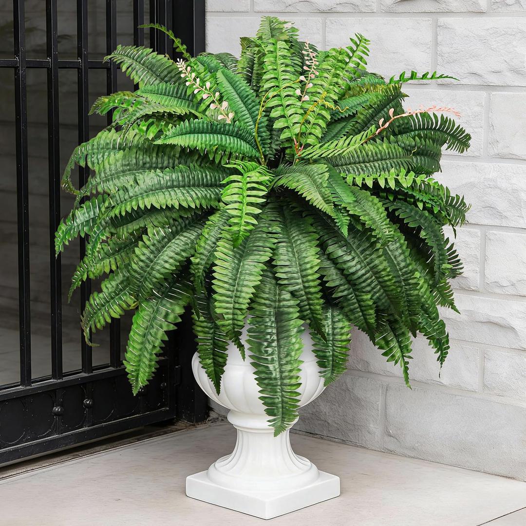 Der Rose 49 inch 96 Leaves Fake Ferns Large, UV Resistant Artificial Plants Outdoors Faux Boston Fern Plants for Porch Home Patio Hanging Decor