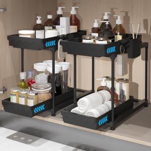 3 Pack Double Sliding Under Sink Organizers and Storage, 2 Tier Under Bathroom Cabinet Shelf Organizer with Hooks Hanging Cup, Home Organization, Black 