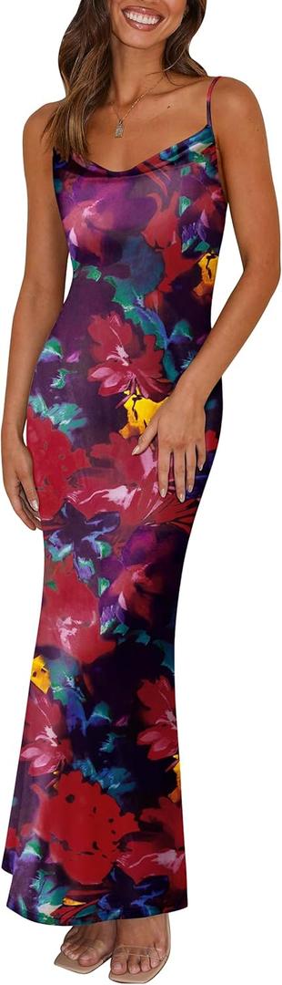 PRETTYGARDEN Women's 2026 Summer Floral Spaghetti Strap Maxi Dress Stretch Sexy Bodycon Dress Backless Slip Long Dresses