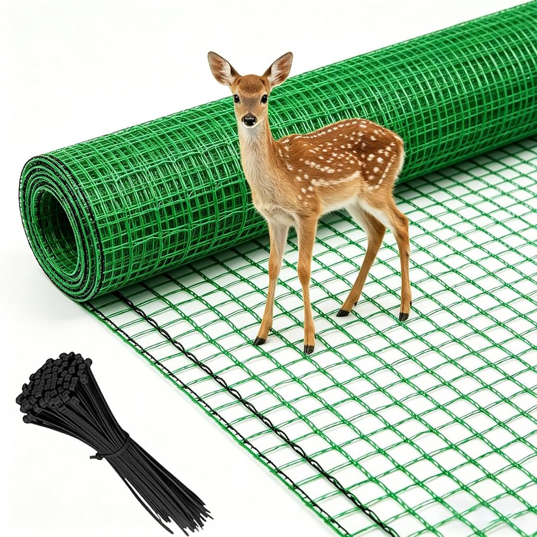 6.6x50ft Plastic Mesh Fence with Reinforced Double Black Edges, Heavy Duty Deer Fencing and Garden Netting Animal Barrier, 0.4in Square Mesh Safety Fence for Yard, Poultry and Plant Protection