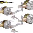 Lanwandeng Keyed Alike Front Door Lever Lockset with Single Cylinder Deadbolt Combination Set, Exterior Door Knob with Lock and Deadbolt, Satin Nickel Finished, 2Sets