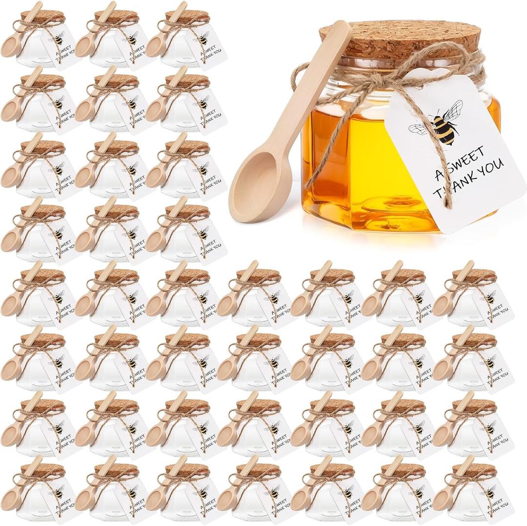 Baderke 30 Pack 3.4 oz Mini Hexagon Honey Jars with Spoon, Empty Plastic Honey Jars with Wooden Spoons Thank You Tag Cork Cap and Rope for Wedding Favors Baby Shower Party Guests Gifts Cork Cap