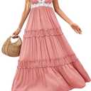 Women's Summer Beach 2025 Maxi Dress Solid Color Boho V Neck Lace Wide Shoulder Strap Long Dresses Flowy Trendy Sundress with Pockets(Pink S)