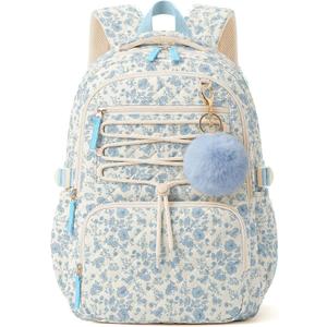 WOBAGMEN Backpack for Women,Cute Quilted Backpack with Multi-Pocket, Lightweight Anti Theft Bookbag Fits 15.6" Laptop,Aesthetic Large Capacity Casual Daypacks for travel(Blue Floral, M)