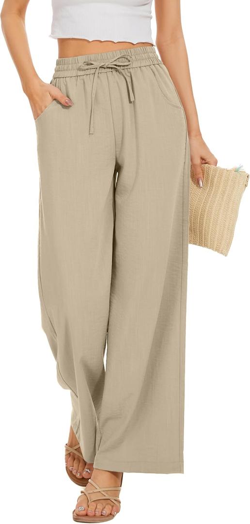 KICZOY Women Flowy Pants Drawstring Waist Wide Leg Palazzo Beach Pants Loose Fit with Pockets (Black, XL)