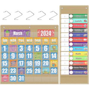 Ctosree 2 Pcs Classroom Monthly Calendar Pocket Chart with 71 Cards, Daily Schedule Pocket Chart with 26 Double Sided Reusable Cards for Student School Supplies Classroom Must Have(Flaxen)