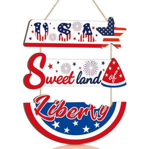 KAIRNE 4th of July Door Hanger,Sweet Land of Liberty Sign,Memorial Day Wooden Plaques,Patriotic Wall Hanging Decoration,Independence Day Hanging Gifts for Friends Family Porch Living Room Decoration (11.4X3.5+11.4X3.9+11.4X5.5inches)