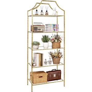 BEGINS 5 Tier Vintage Gold Bookshelf with Glass Shelves, Freestanding Tall Bookcase Display Rack with Hammered Texture Finish for Bedroom, Living Room, Home Office, Study, Entryway, Home Decor